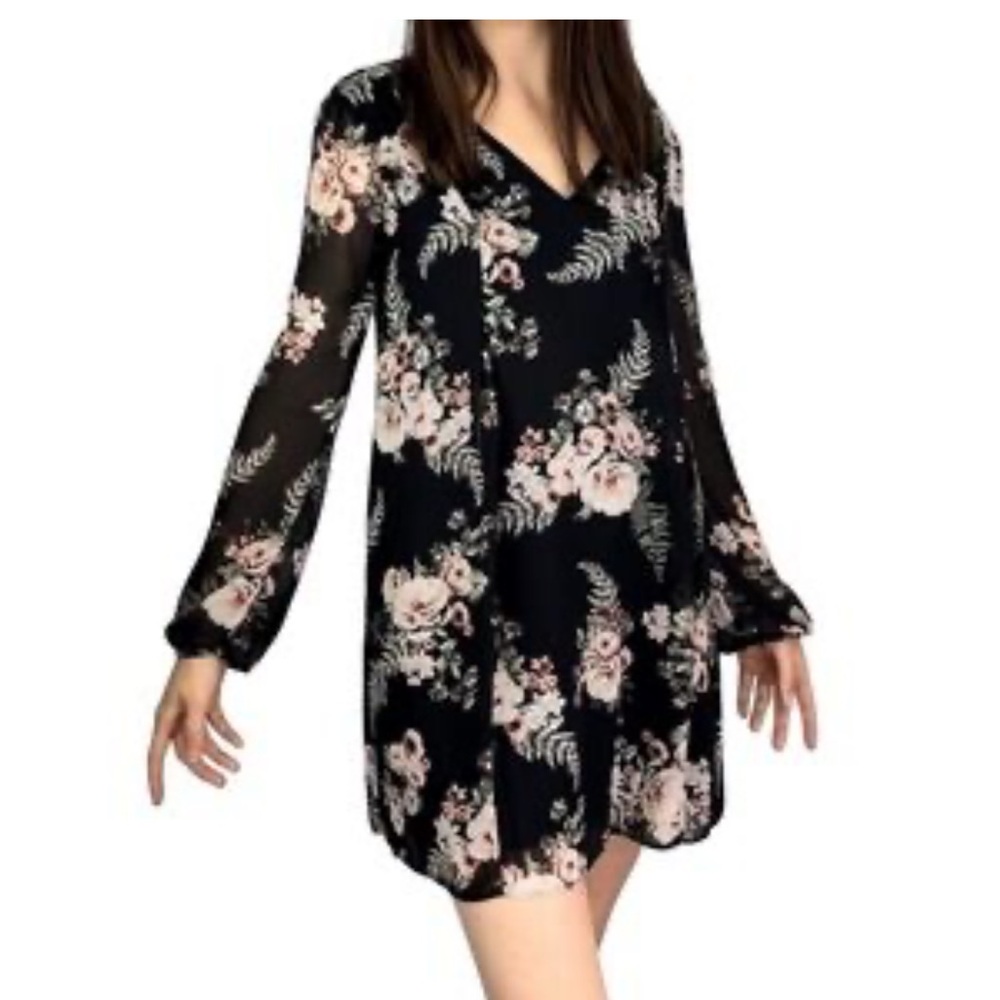 BCBGeneration Floral Print Bow Back Shift Dress Bishop Sleeves Medium